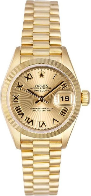 Rolex Women's President Yellow Gold Fluted Factory Champagne Sunbeam Roman