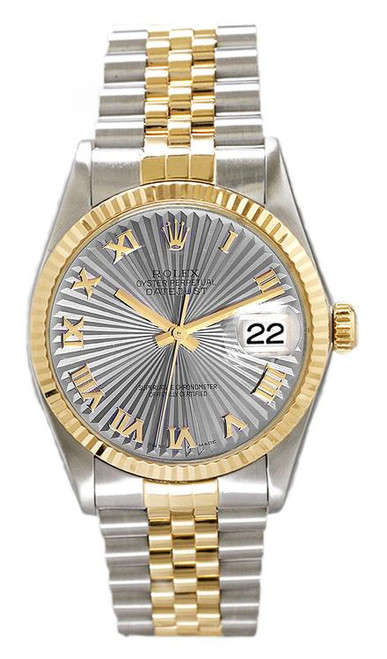 Rolex Men's Datejust Two Tone Fluted Silver Sunbeam Roman Dial