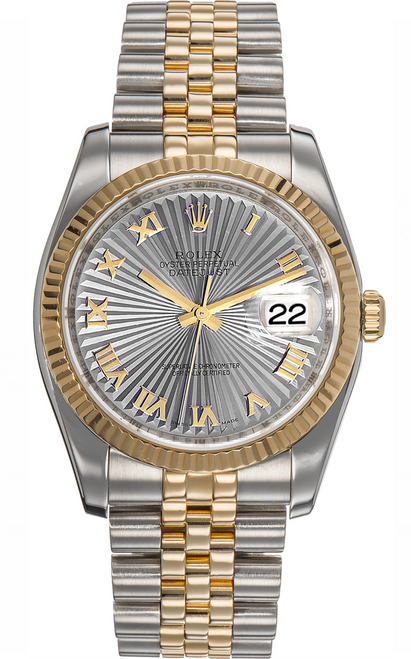Rolex New Style Datejust Two Tone Silver Sunbeam Roman Dial 116233 Rolex New Style Datejust Two Tone Silver Sunbeam Roman Dial 116233