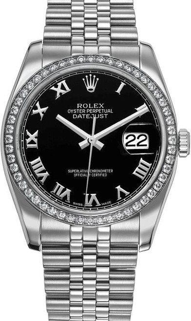 Rolex New Style Datejust Stainless Steel  Rolex Factory Diamond Bezel & Black Roman Dial on Jubilee Bracelet 116244