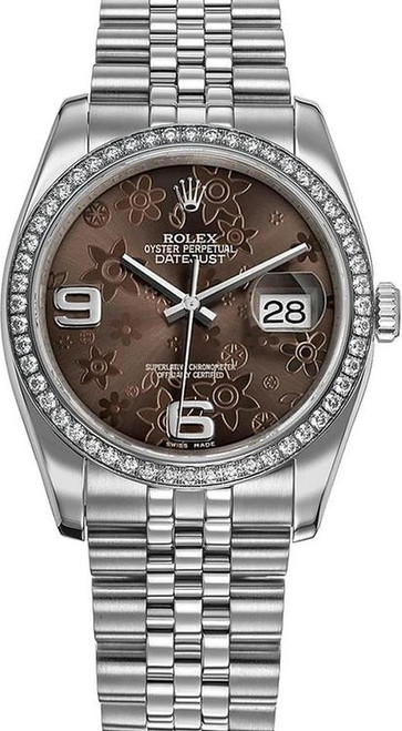 Rolex New Style Datejust Stainless Steel  Rolex Factory Diamond Bezel & Chocolate Floral Dial on Jubilee Bracelet 116244
