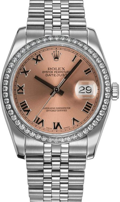 Rolex New Style Datejust Stainless Steel Rolex Factory Diamond Bezel & Pink Roman Dial on Jubilee Bracelet 116244 Rolex New Style Datejust Stainless Steel Rolex Factory Diamond Bezel & Pink Roman Dial on Jubilee Bracelet 116244
