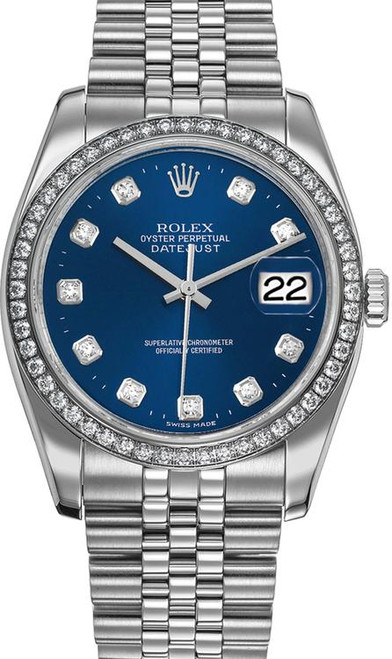 Rolex New Style Datejust Stainless Steel  Rolex Factory Diamond Bezel & Blue Diamond Dial on Jubilee Bracelet 116244
