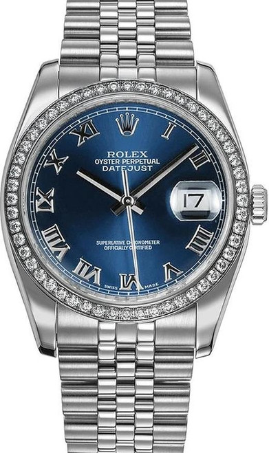 Rolex New Style Datejust Stainless Steel  Rolex Factory Diamond Bezel & Blue Roman Dial on Jubilee Bracelet 116244