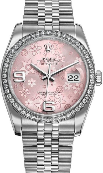 Rolex New Style Datejust Stainless Steel Rolex Factory Diamond Bezel & Pink Floral Dial on Jubilee Bracelet 116244 Rolex New Style Datejust Stainless Steel Rolex Factory Diamond Bezel & Pink Floral Dial on Jubilee Bracelet 116244