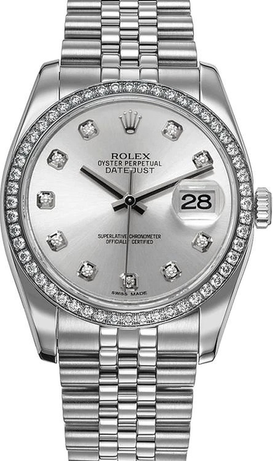 Rolex New Style Datejust Stainless Steel  Rolex Factory Diamond Bezel & Silver Diamond Dial on Jubilee Bracelet 116244
