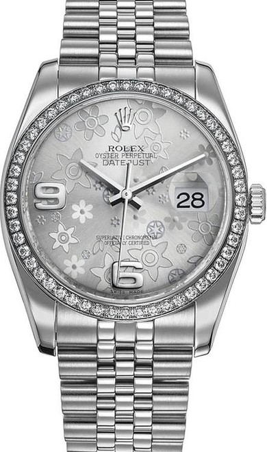 Rolex New Style Datejust Stainless Steel  Rolex Factory Diamond Bezel & Silver Floral Dial on Jubilee Bracelet 116244