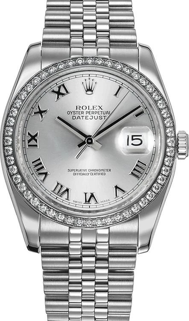 Rolex New Style Datejust Stainless Steel  Rolex Factory Diamond Bezel & Silver Roman Dial on Jubilee Bracelet 116244