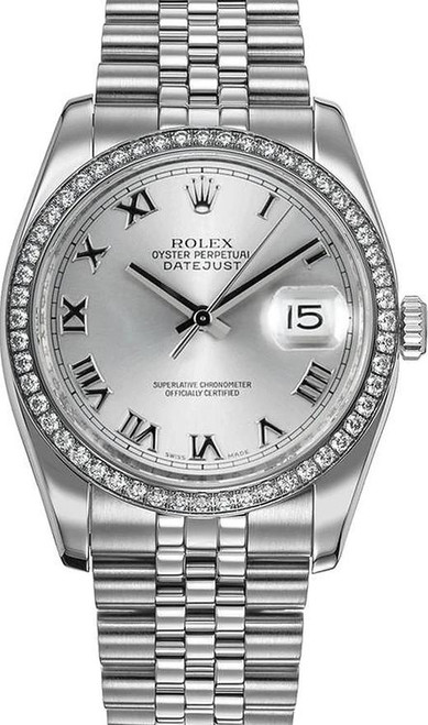 Rolex New Style Datejust Stainless Steel  Rolex Factory Diamond Bezel & Silver Roman Dial on Jubilee Bracelet 116244