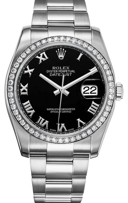 Rolex New Style Datejust Stainless Steel  Rolex Factory Diamond Bezel & Black Roman Dial on Oyster Bracelet 116244