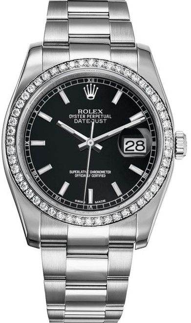 Rolex New Style Datejust Stainless Steel  Rolex Factory Diamond Bezel & Black Index Dial on Oyster Bracelet 116244