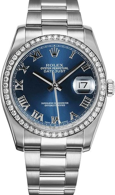 Rolex New Style Datejust Stainless Steel  Rolex Factory Diamond Bezel & Blue Roman Dial on Oyster Bracelet 116244
