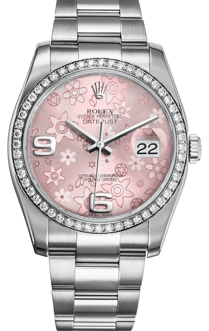 Rolex New Style Datejust Stainless Steel  Rolex Factory Diamond Bezel & Pink Floral Dial on Oyster Bracelet 116244