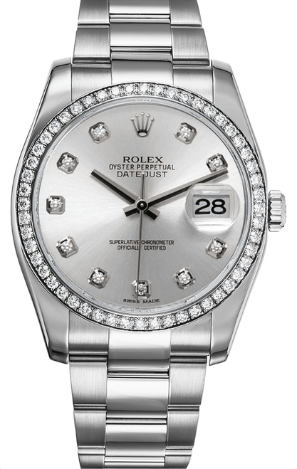 Rolex New Style Datejust Stainless Steel  Rolex Factory Diamond Bezel & Silver Diamond Dial on Oyster Bracelet 116244