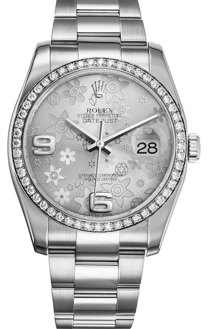 Rolex New Style Datejust Stainless Steel  Rolex Factory Diamond Bezel & Silver Floral Dial on Oyster Bracelet 116244