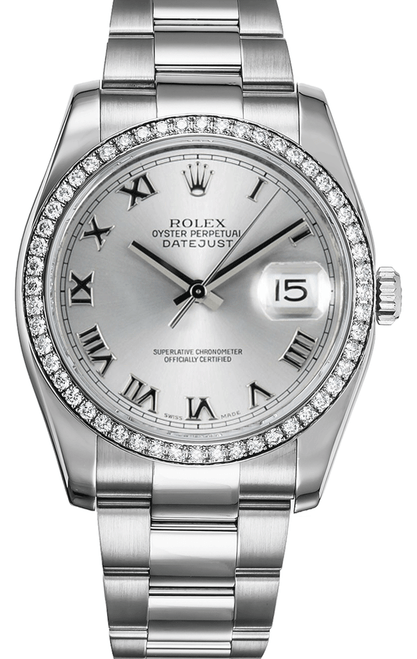 Rolex New Style Datejust Stainless Steel  Rolex Factory Diamond Bezel & Silver Roman Dial on Oyster Bracelet 116244