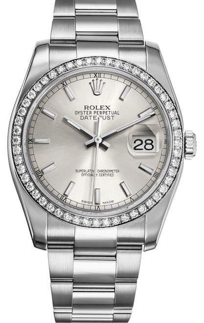 Rolex New Style Datejust Stainless Steel  Rolex Factory Diamond Bezel & Silver Index Dial on Oyster Bracelet 116244