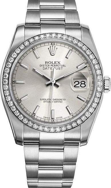 Rolex New Style Datejust Stainless Steel  Rolex Factory Diamond Bezel & Silver Index Dial on Oyster Bracelet 116244