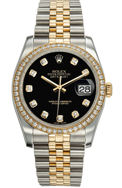 Rolex New Style Datejust Two Tone Factory Diamond Bezel and Black Diamond Dial 116243