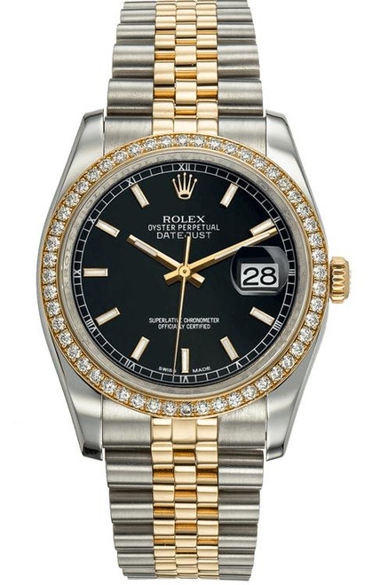 Rolex New Style Datejust Two Tone Factory Diamond Bezel and Black Index Dial 116243