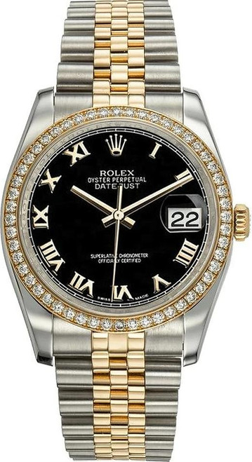 Rolex New Style Datejust Two Tone Factory Diamond Bezel and Black Roman Dial 116243