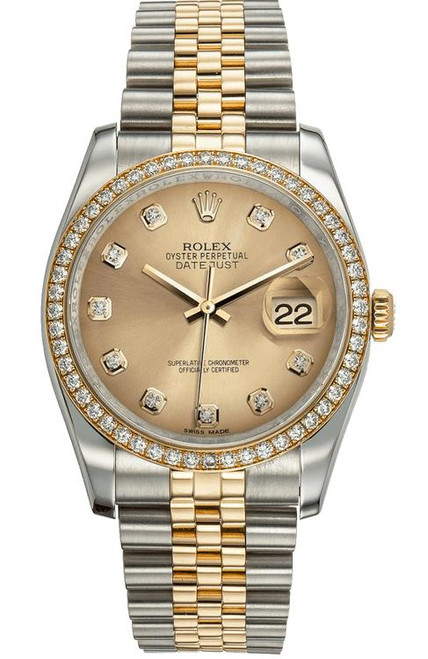 Rolex New Style Datejust Two Tone Factory Diamond Bezel and Champagne Diamond Dial 116243