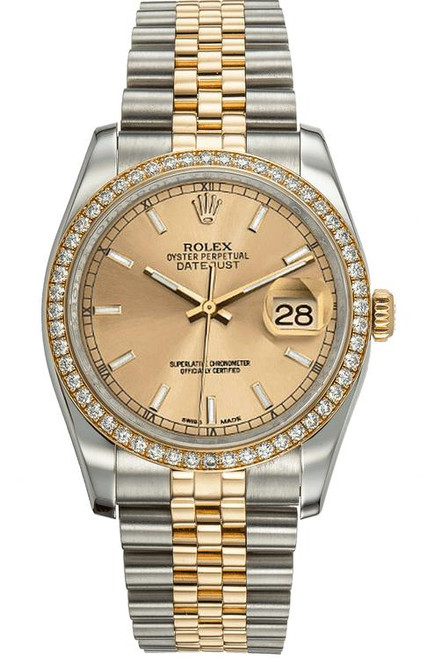 m ページ Rolex Two-Tone Datejust Silver Index Dial Diamond Bezel 116243 Watch