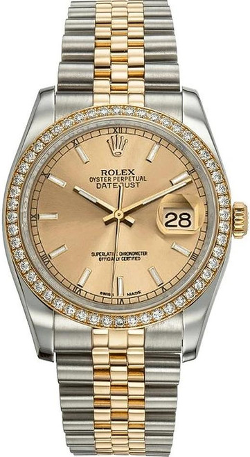 Rolex New Style Datejust Two Tone Factory Diamond Bezel and Champagne Index Dial 116243