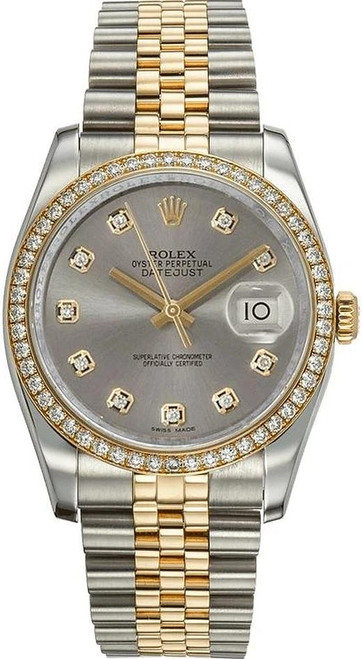 Rolex New Style Datejust Two Tone Factory Diamond Bezel and Grey Diamond Dial 116243