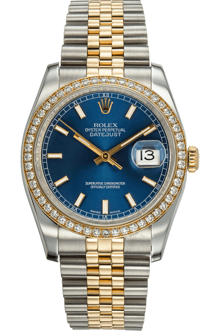 Rolex New Style Datejust Two Tone Factory Diamond Bezel and Blue Index Dial 116243