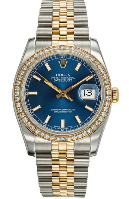 Rolex New Style Datejust Two Tone Factory Diamond Bezel and Blue Index Dial 116243