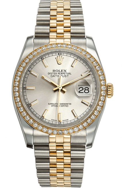 Rolex New Style Datejust Two Tone Factory Diamond Bezel and Silver Index Dial 116243