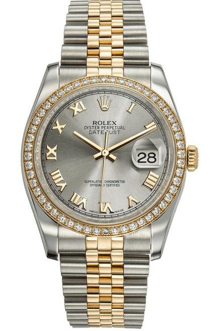 Rolex New Style Datejust Two Tone Factory Diamond Bezel and Silver Roman Dial 116243
