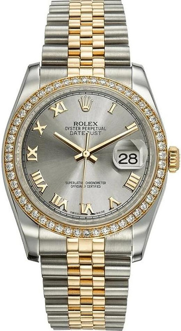 Rolex New Style Datejust Two Tone Factory Diamond Bezel and Silver Roman Dial 116243