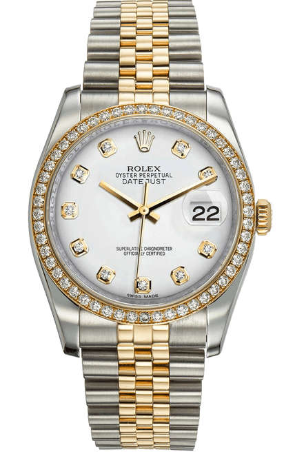 Rolex New Style Datejust Two Tone Factory Diamond Bezel and White Diamond Dial 116243