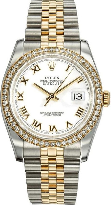 Rolex New Style Datejust Two Tone Factory Diamond Bezel and White Roman Dial 116243
