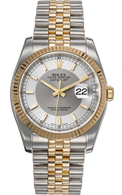 Rolex New Style Datejust Two Tone Factory Anniversary Silver Tuxedo Dial 116233