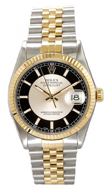 Rolex Men's Datejust Two Tone Fluted Factory Black Tuxedo Dial 16233 Rolex Men's Datejust Two Tone Fluted Factory Black Tuxedo Dial 16233