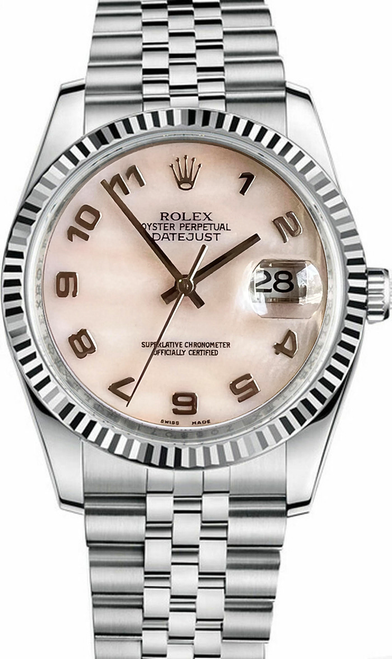 Rolex New Style Datejust Stainless Steel Factory Fluted Bezel and Mother of Pearl Arabic on Jubilee Bracelet