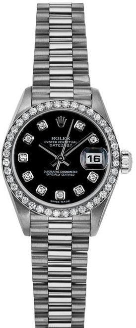 Rolex Women's White Gold President with Factory Diamond Bezel and Black Diamond Dial 69139