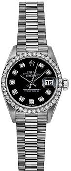 Rolex Women's White Gold President with Factory Diamond Bezel and Black Diamond Dial 69139