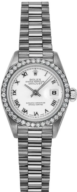 Rolex Women's White Gold President with Factory Diamond Bezel and White Roman Dial 69139