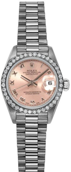 Rolex Women's White Gold President with Factory Diamond Bezel and Pink Roman Dial 69139 Rolex Women's White Gold President with Factory Diamond Bezel and Pink Roman Dial 69139