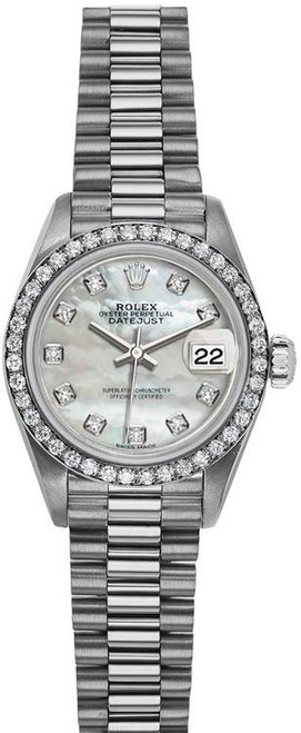 Rolex Women's White Gold President with Factory Diamond Bezel and Mother of Pearl Diamond Dial 69139