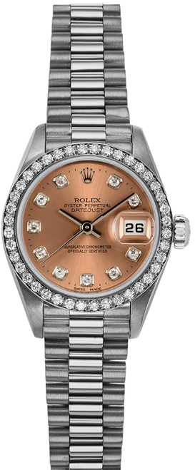 Rolex Women's White Gold President with Factory Diamond Bezel and Pink Diamond Dial  69139