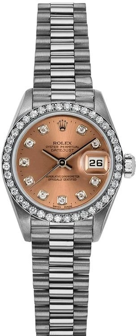 Rolex Women's White Gold President with Factory Diamond Bezel and Pink Diamond Dial  69139