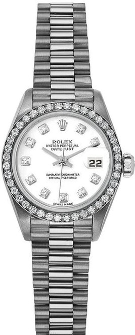 Rolex Women's White Gold President with Factory Diamond Bezel and White Diamond Dial 69139