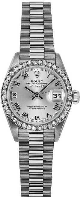 Rolex Women's White Gold President with Factory Diamond Bezel and Silver Roman Dial 69139