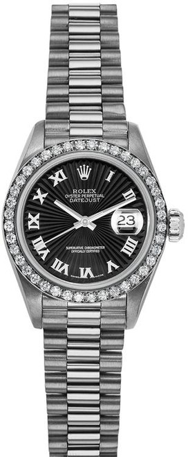 Rolex Women's White Gold President with Factory Diamond Bezel and Black Roman Dial 69139