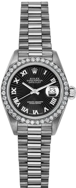 Rolex Women's White Gold President with Factory Diamond Bezel and Black Roman Dial 69139
